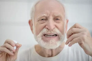 a man with a white beard and mustache holding a floss