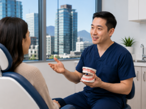 Dentist explaining CDCP dental coverage to a patient in Downtown Vancouver