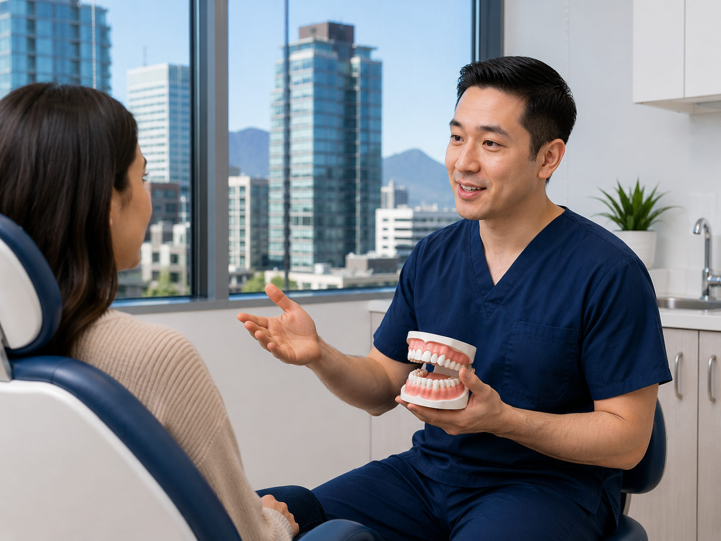 Dentist explaining CDCP dental coverage to a patient in Downtown Vancouver